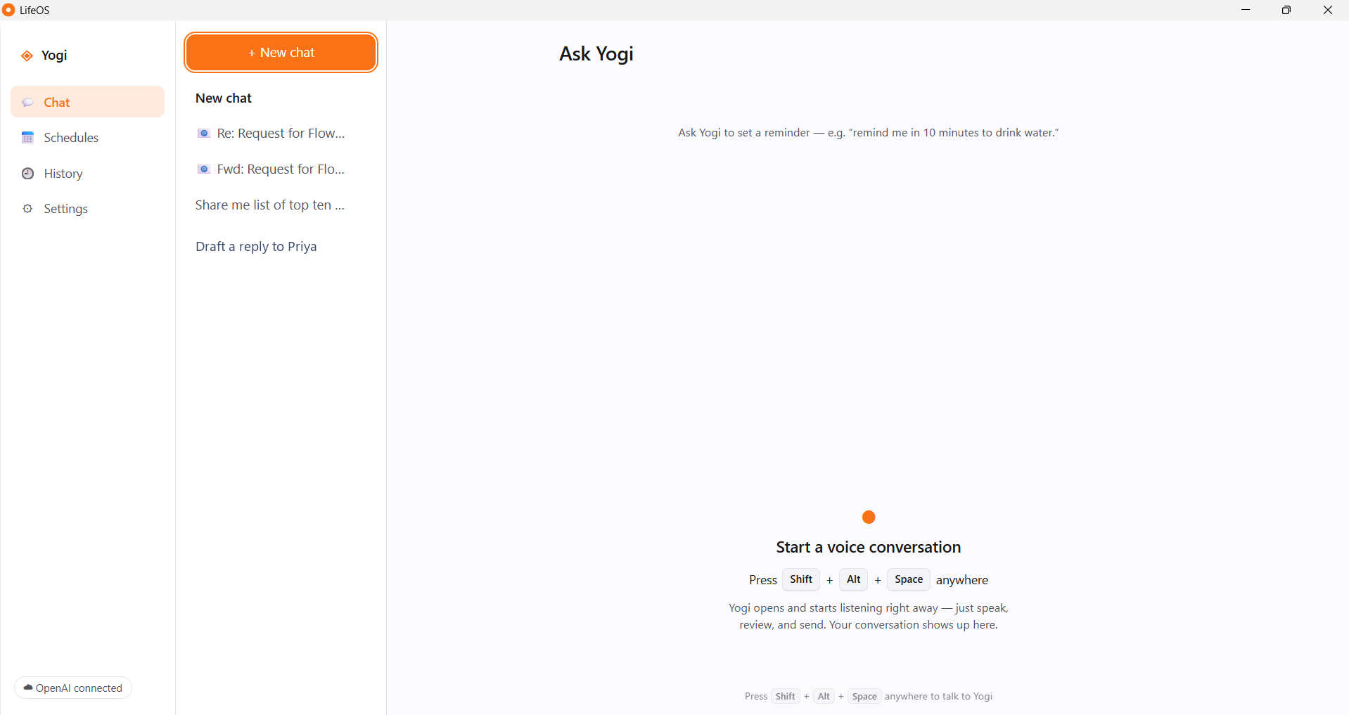 The LifeOS main window: Ask Yogi with a chat sidebar and a voice conversation prompt.