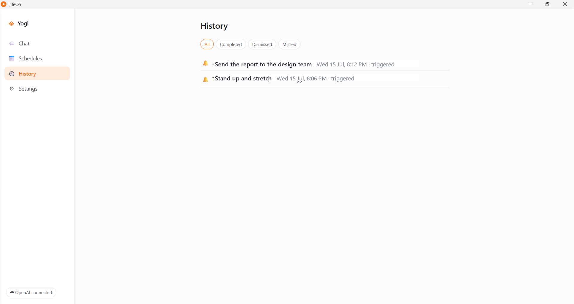 Reminder history screen