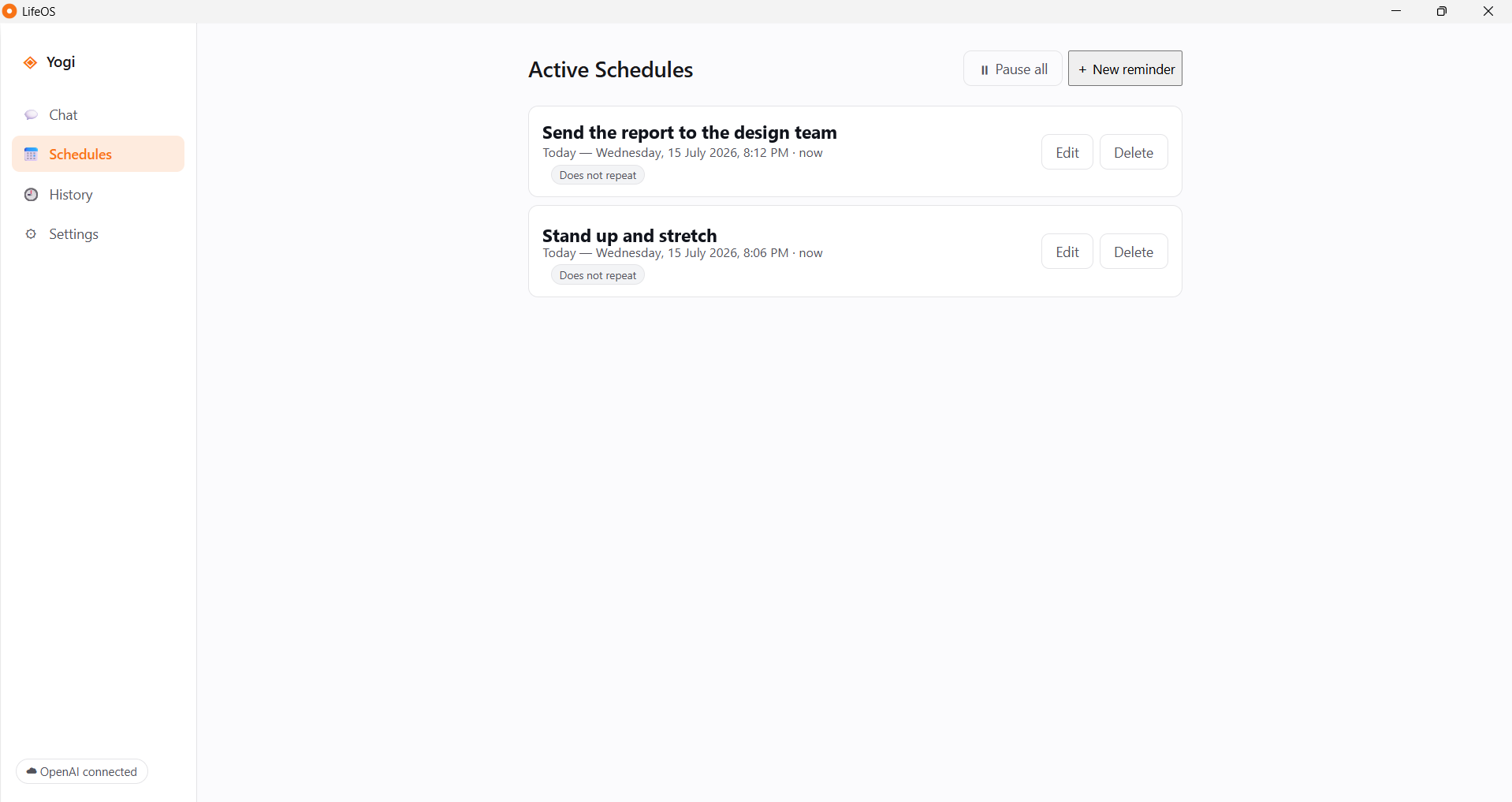 Active schedules screen